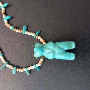 Carved Resin Bear, White Howlite, Wood and Turquoise Bead Necklace